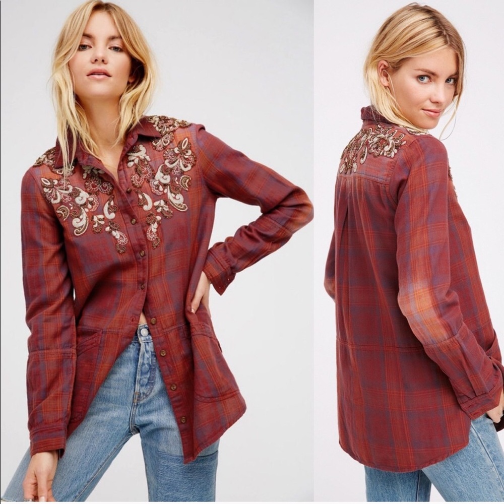 Free People Stevie’s Embellished Plaid Buttondown